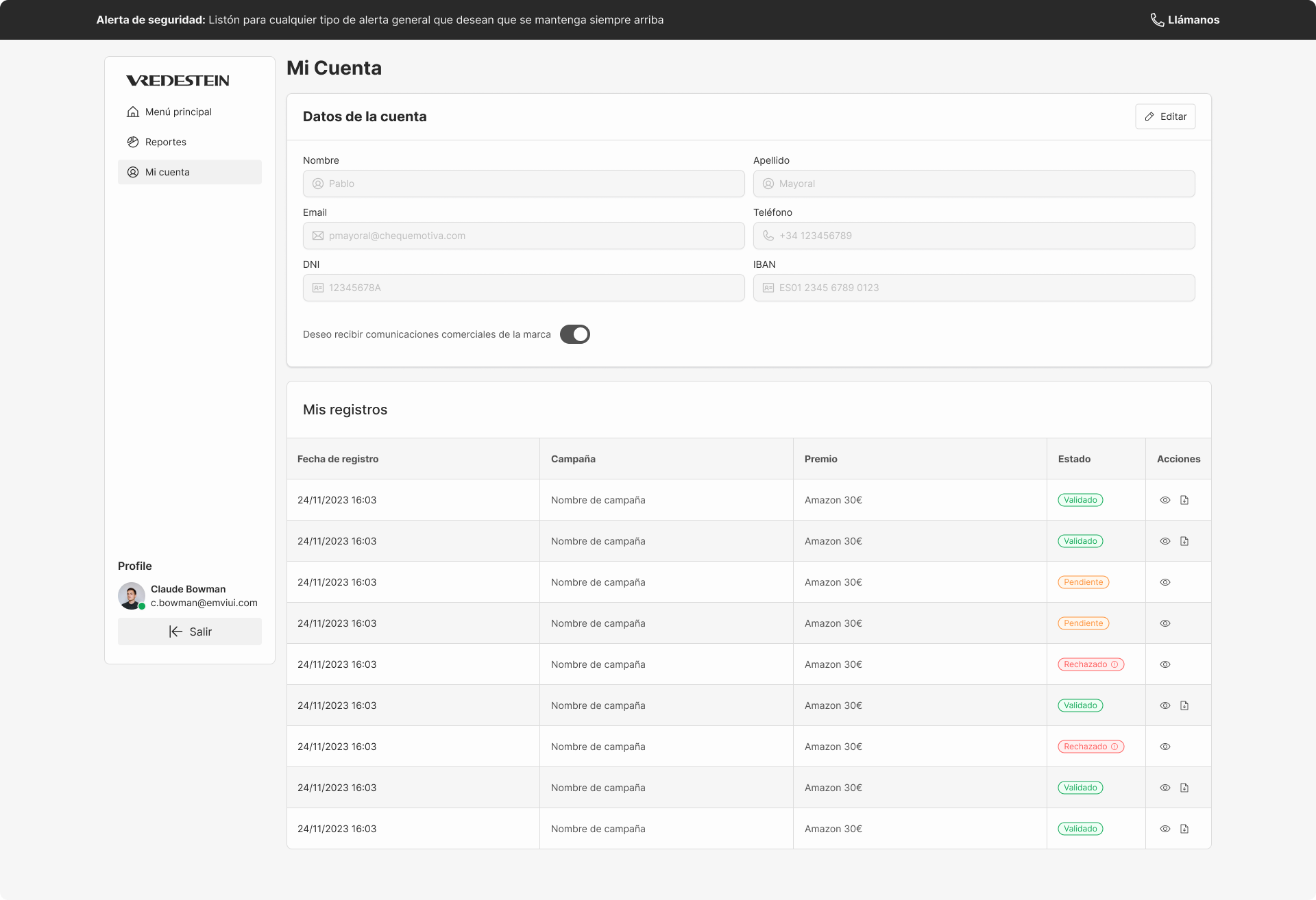 Table showing submitted invoices, rewards, and validation status